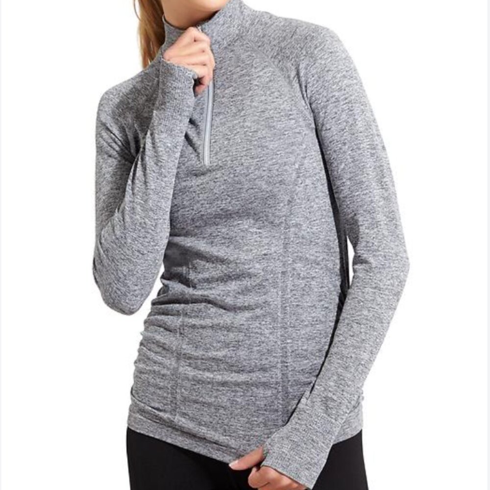 Athleta Fast Track 1/4 Zip Top Ruched Pullover in Flint Grey Heather, Size L